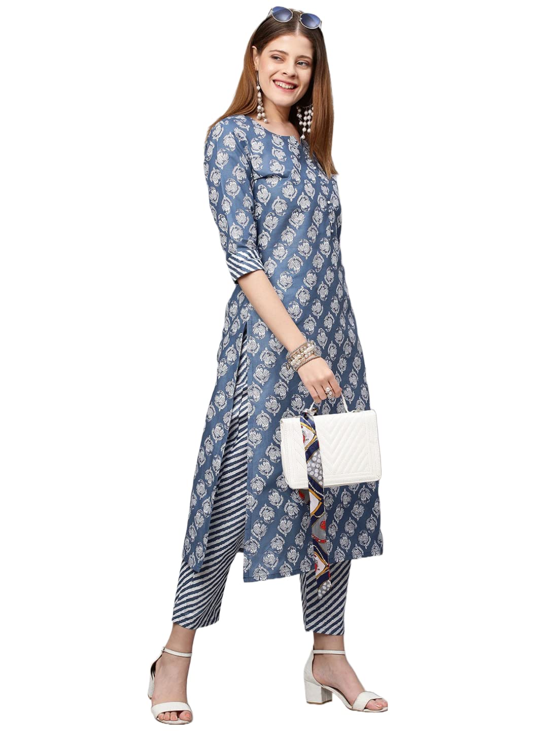 Gosriki Women'S Cotton Blend Straight Printed Kurta With Pant (Funki Blue_New_S-Go_Blue_Small)