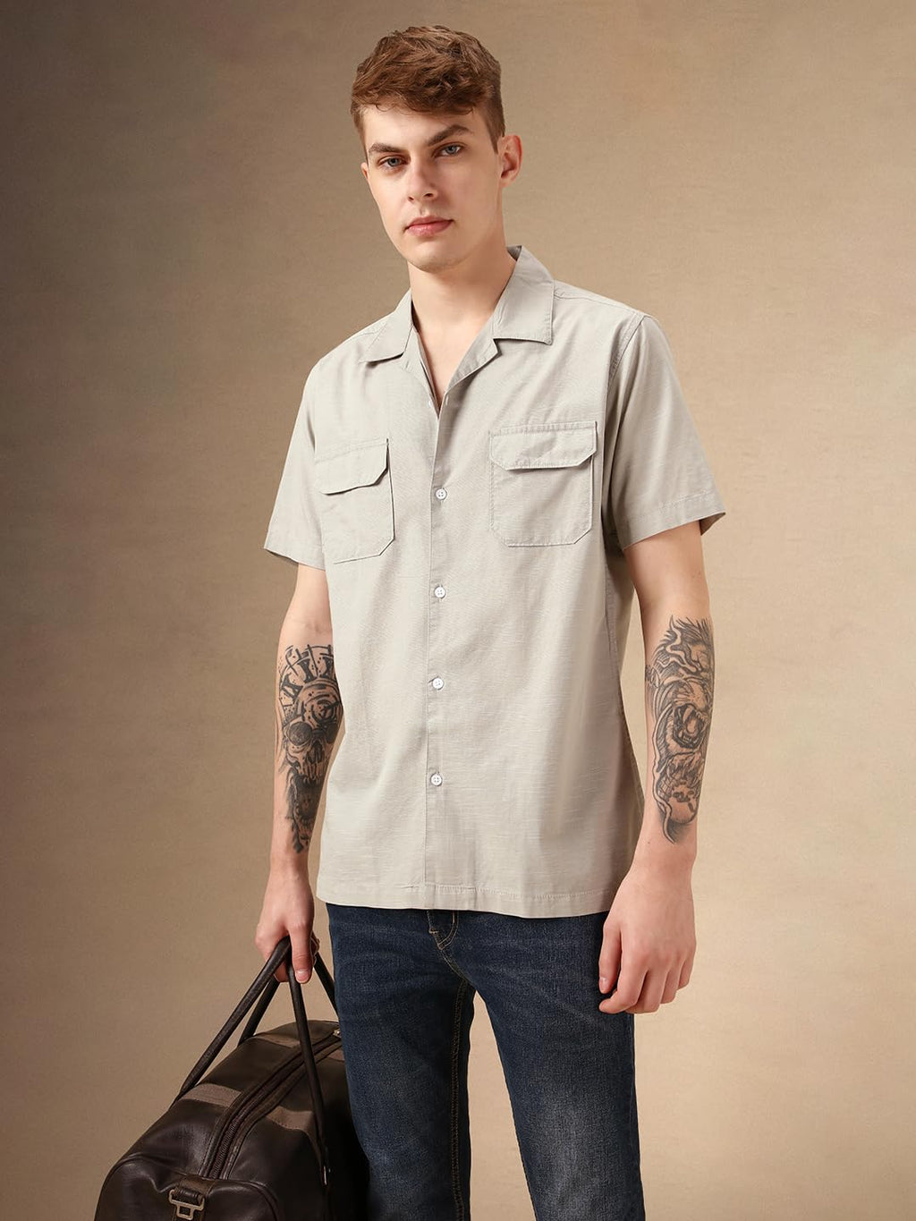 Dennis Lingo MenS | Grey | Solid | Spread Collar | Half Sleeve | Relaxed Fit | Casual Shirt