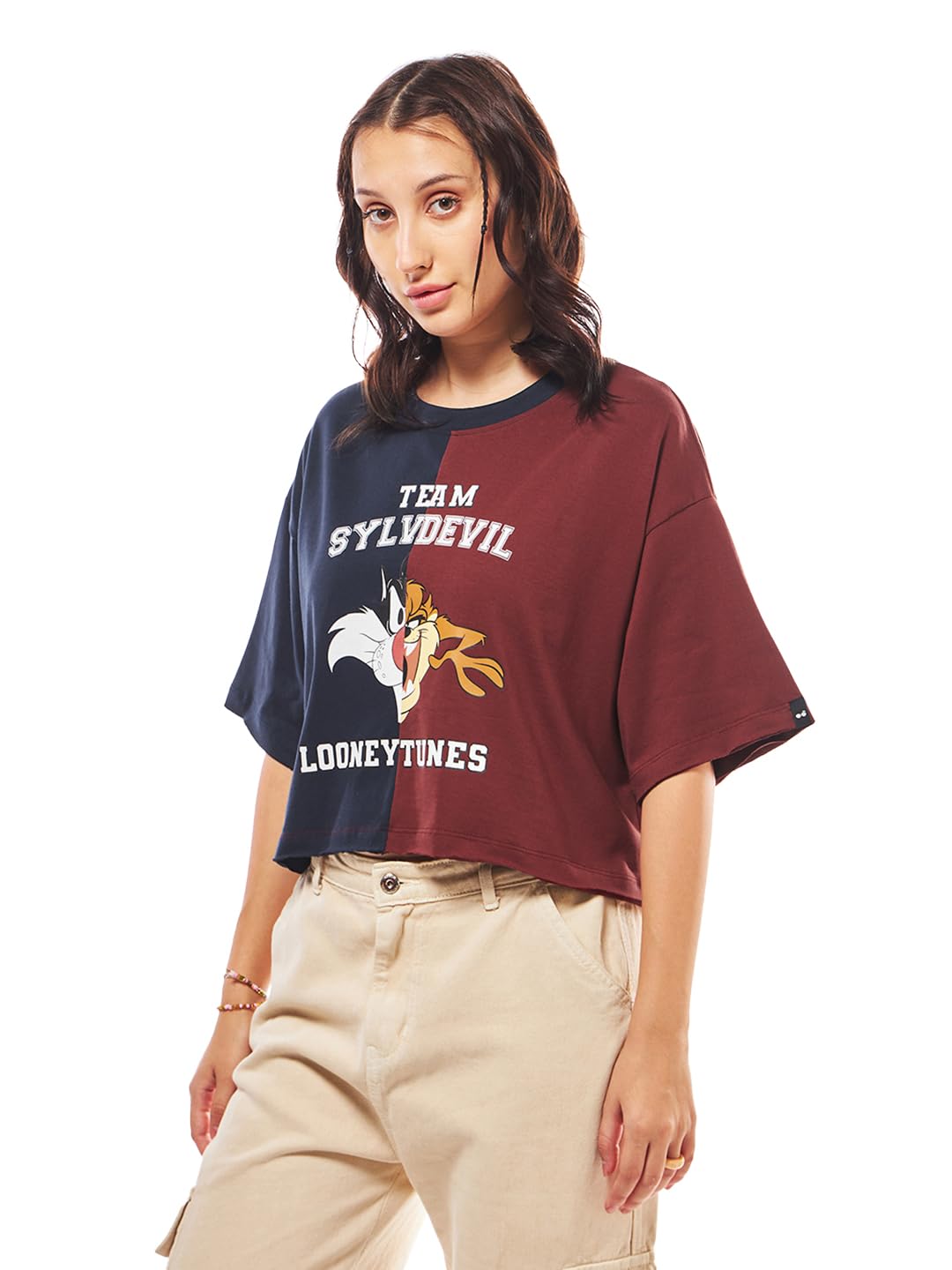 Bewakoof Official Looney Tunes Merchandise Sylvester Womens Graphic Printed Oversized Fit Half Sleeve Round Neck Cotton Jersey 