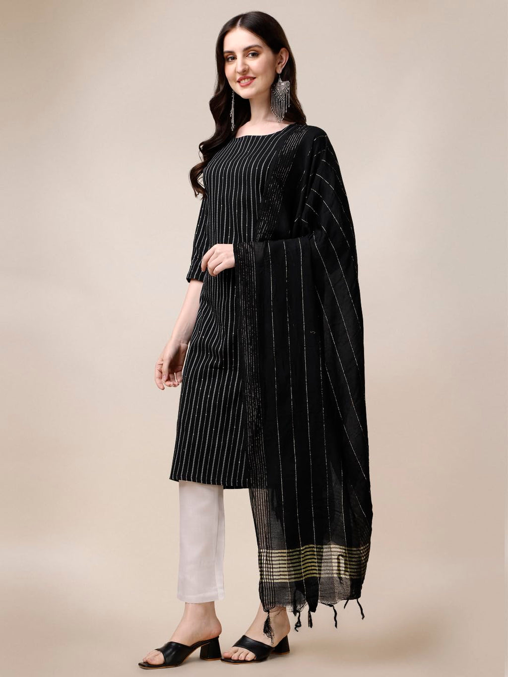 Fashion Basket Women Cotton Striped Printed Kurta Set With Pant & Dupatta (Medium, Black)