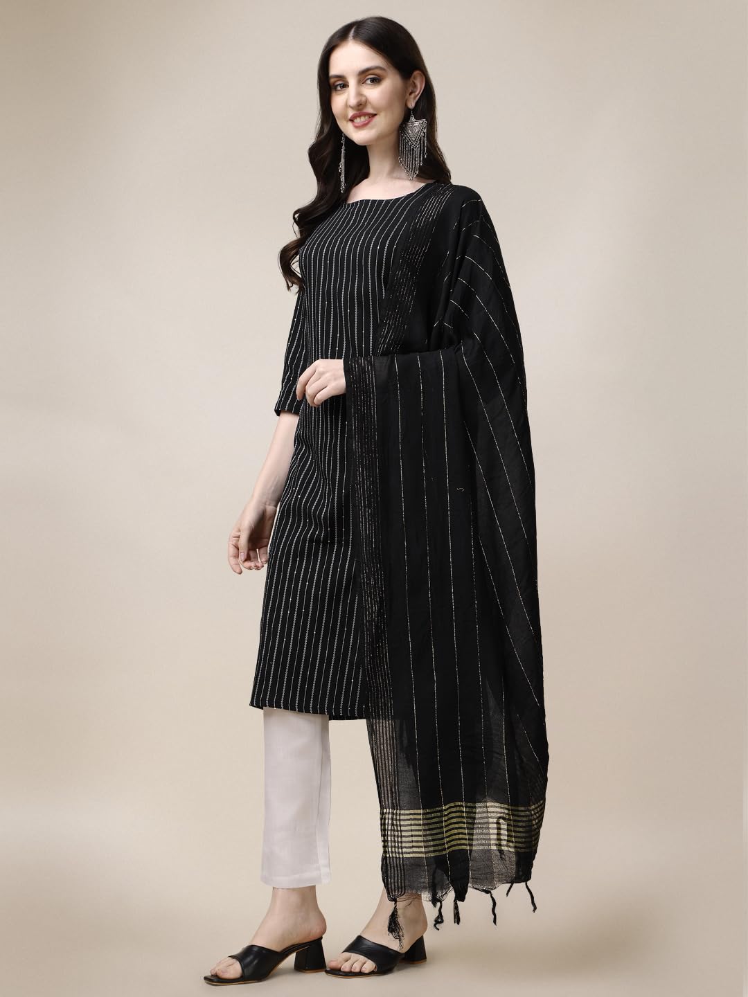 Fashion Basket Women Cotton Striped Printed Kurta Set With Pant & Dupatta (Medium, Black)