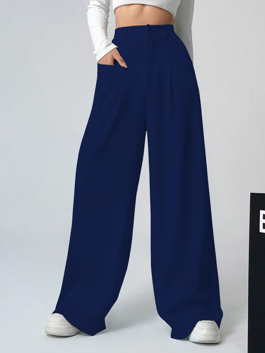 Shasmi Women & Girls Solid Navy Blue Color Loose Fit, Pleated Trousers, Wide Leg Pocket Casual Long Korean Trousers Pant (Pant 1
