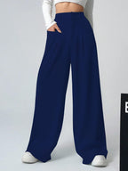 Shasmi Women & Girls Solid Navy Blue Color Loose Fit, Pleated Trousers, Wide Leg Pocket Casual Long Korean Trousers Pant (Pant 1