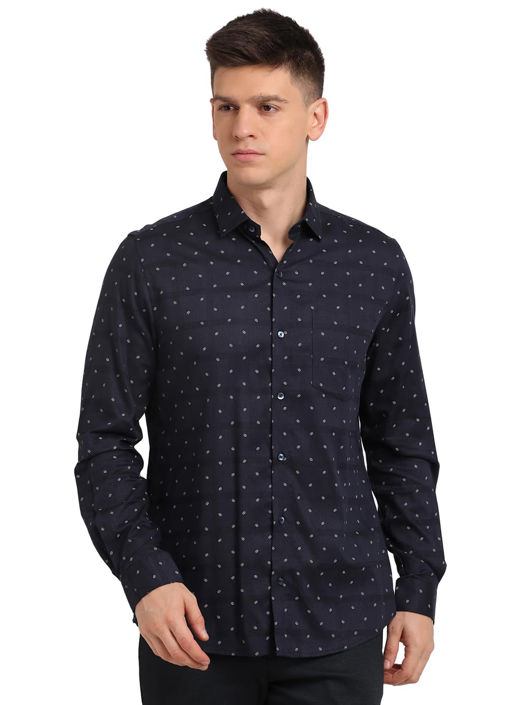 Turtle Men Cotton Tencel Regular Fit Printed Navy Blue Formal Shirt