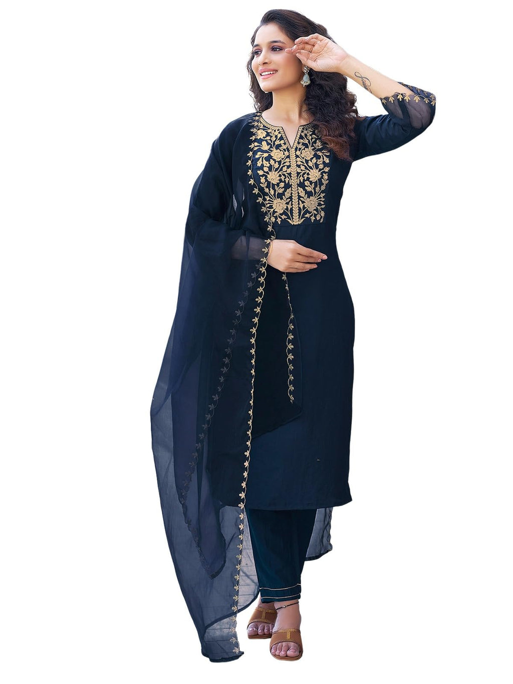 Sanisa Womens Chinnon Silk & Organza Sequence and Embroidery Work Straight Kurta with Pant and Dupatta Set (38KBD478NB-XL_Navy 