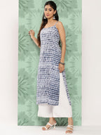 Blue And White Shibori Printed Spaghetti Strap Style Straight Kurta With Side Slits, With Adjuster Details On Strap