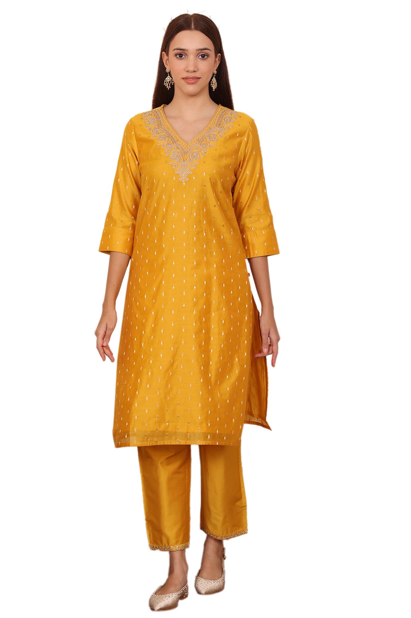 W For Woman Yellow Dori Embroidered Chanderi Straight Kurta (Size: M)-24Auw12040-314102