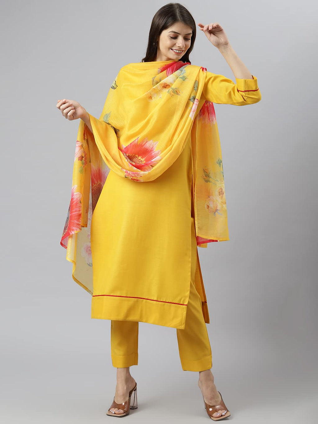 ANNI DESIGNER Womens Polycotton Straight Kurta with Pant & Dupatta (Nilesh Yellow_M_NEW01_Yellow_Medium)