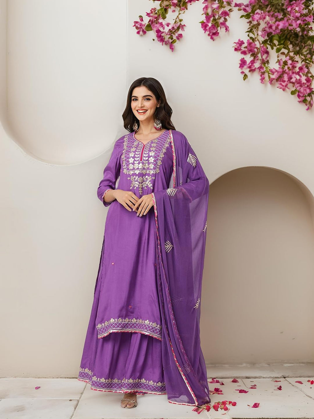 Ishin Purple Gotta Patti Detail Straight Kurta With Sharara And Dupatta