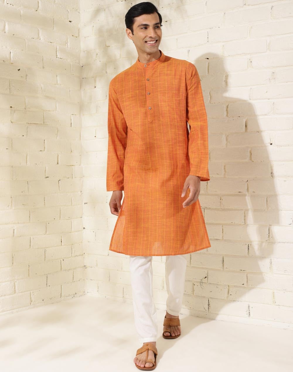 Fabindia MenS Cotton Printed Slim Fit Kurta (1035957Mustard_Mustard