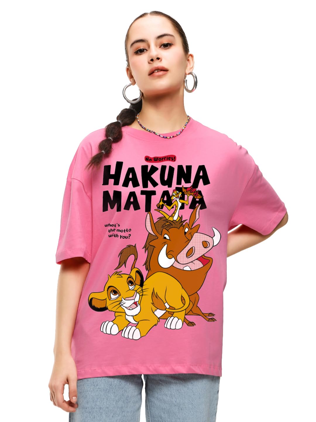 Bewakoof Official Disney Merchandise Hakuna Matata Womens Graphic Printed Oversized Fit Half Sleeve Round Neck Cotton T-Shirt_6