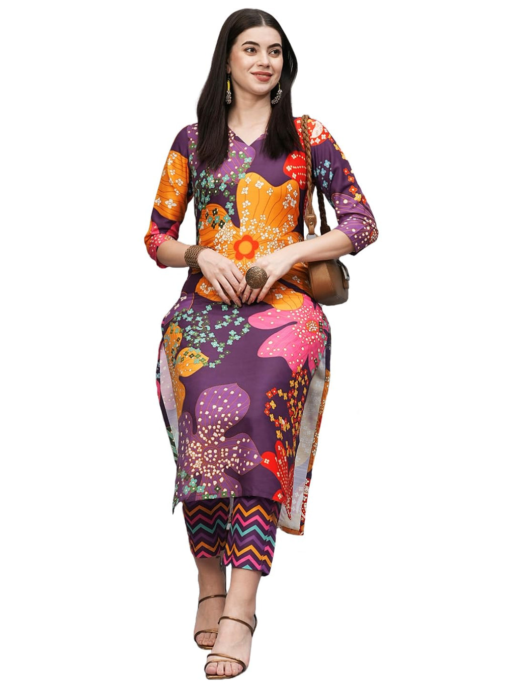 ANNI DESIGNER Womens Cotton Blend Straight Printed Kurta with Pant (Wahida Purple_S_Purple_Small)
