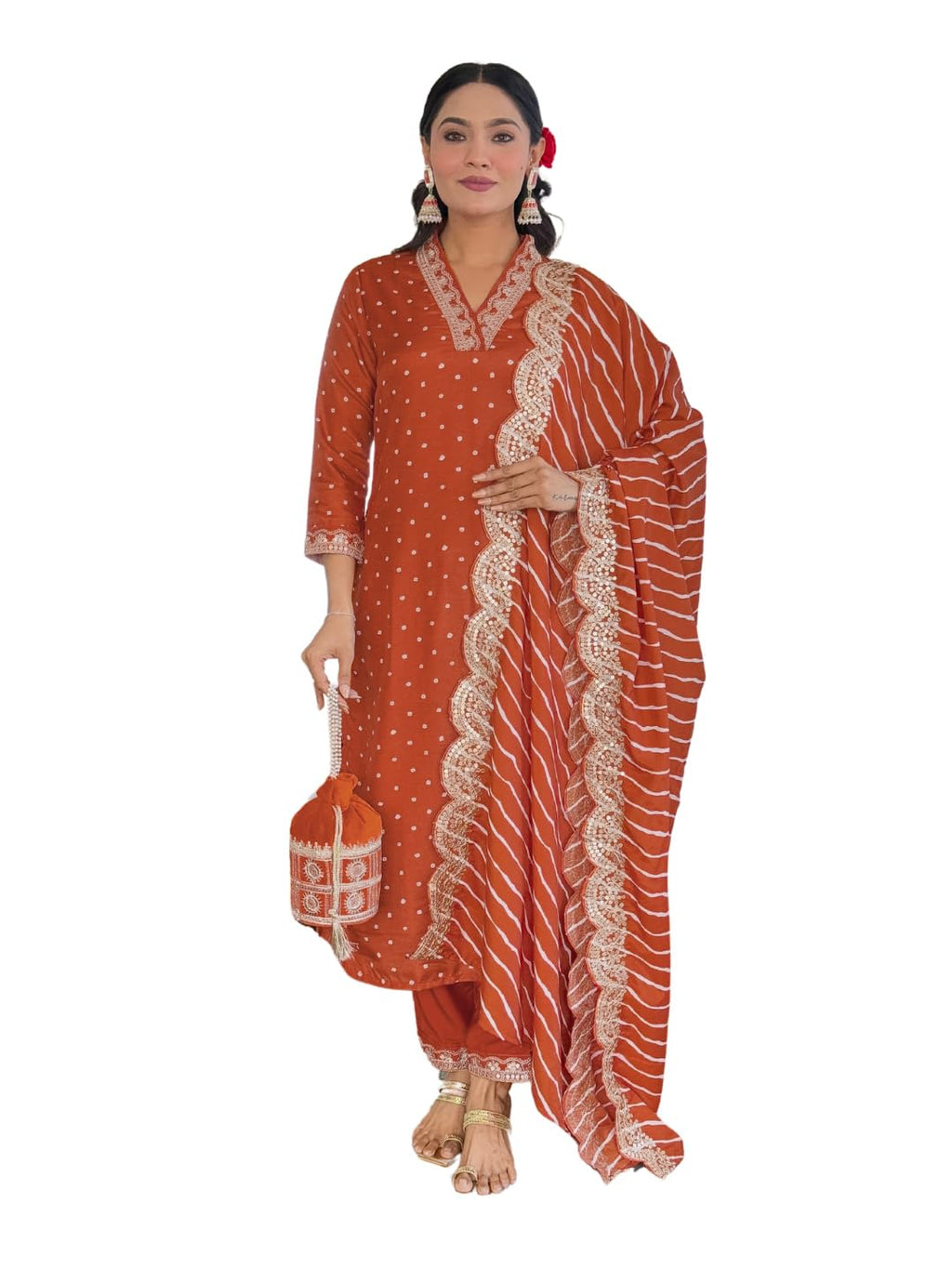 Naixa WomenS Orange Vichitra Silk With Cotton Lining Embroidered Straight Kurta With Rayon Pant And Silk Blend Printed Dupatta 