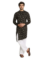 Manyavar MenS Kurta, Full Sleeves Printed Satin Blend Kurta For Men Black (Xx-Large)