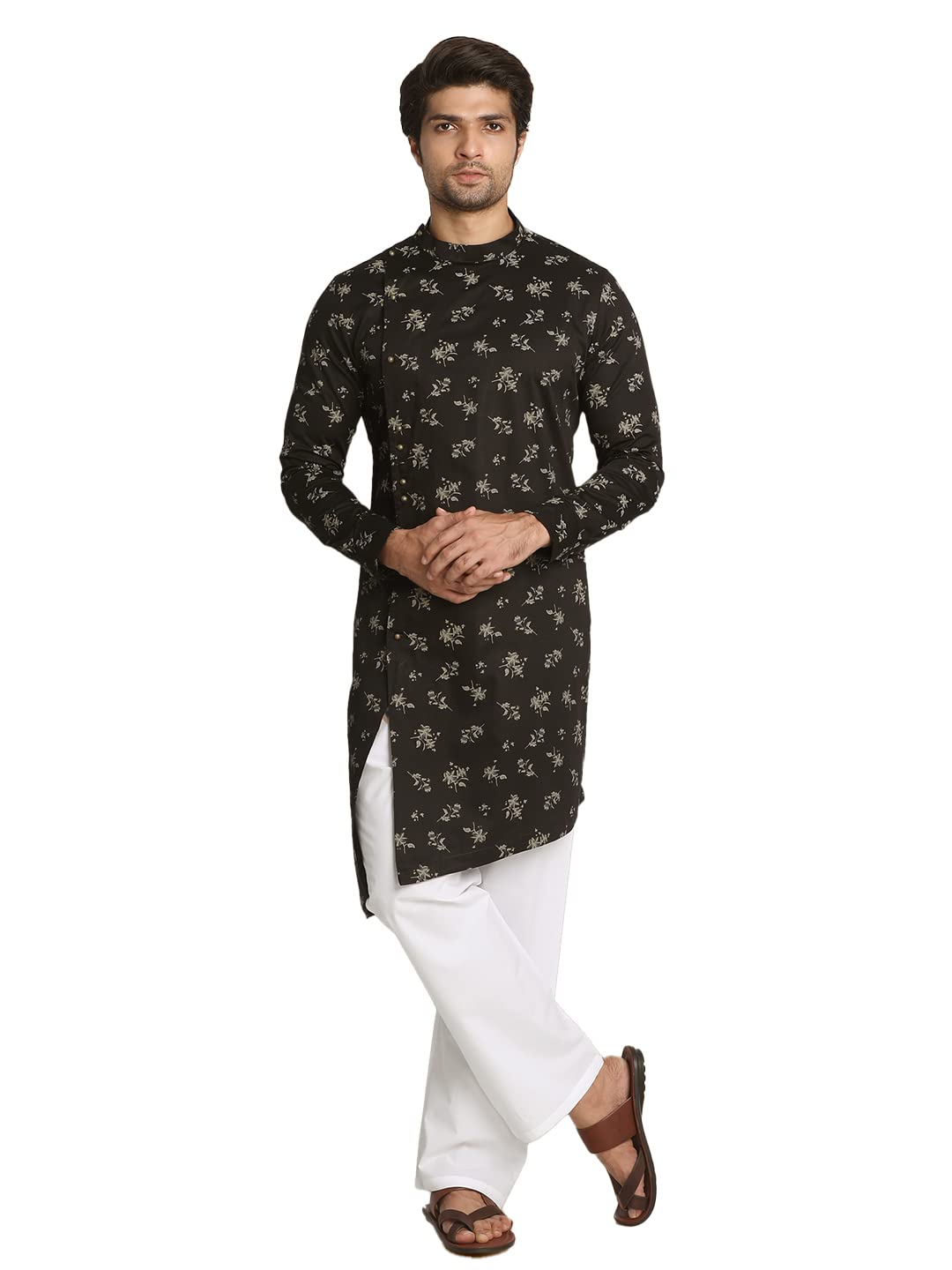Manyavar MenS Kurta, Full Sleeves Self Design Blend Kurta For Mened Viscose Gajari Black