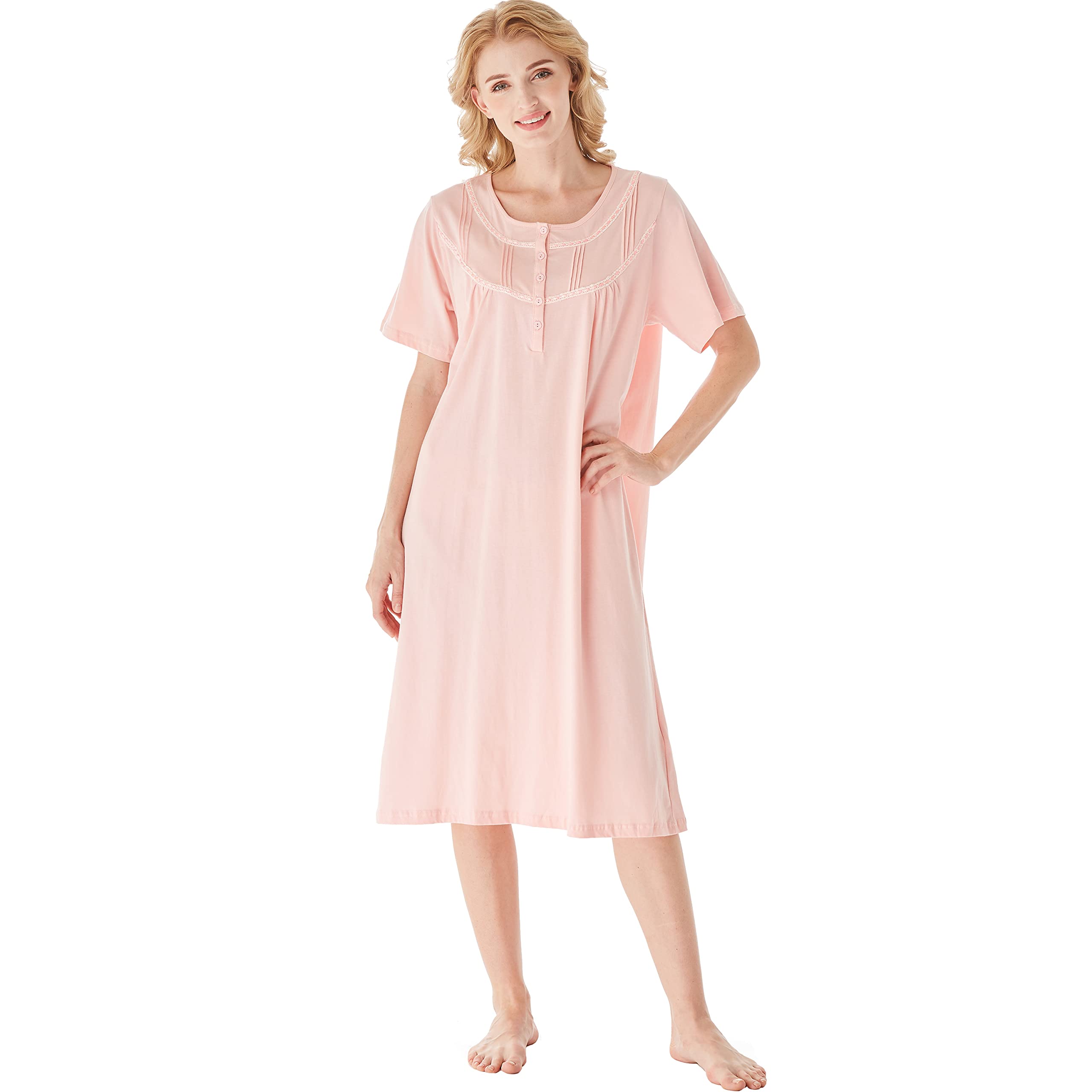 Keyocean Nightgown for Women, Soft 100% Cotton Comfy Lightweight Short-sleeve Ladies Sleepwear, Peach Color, X-Large