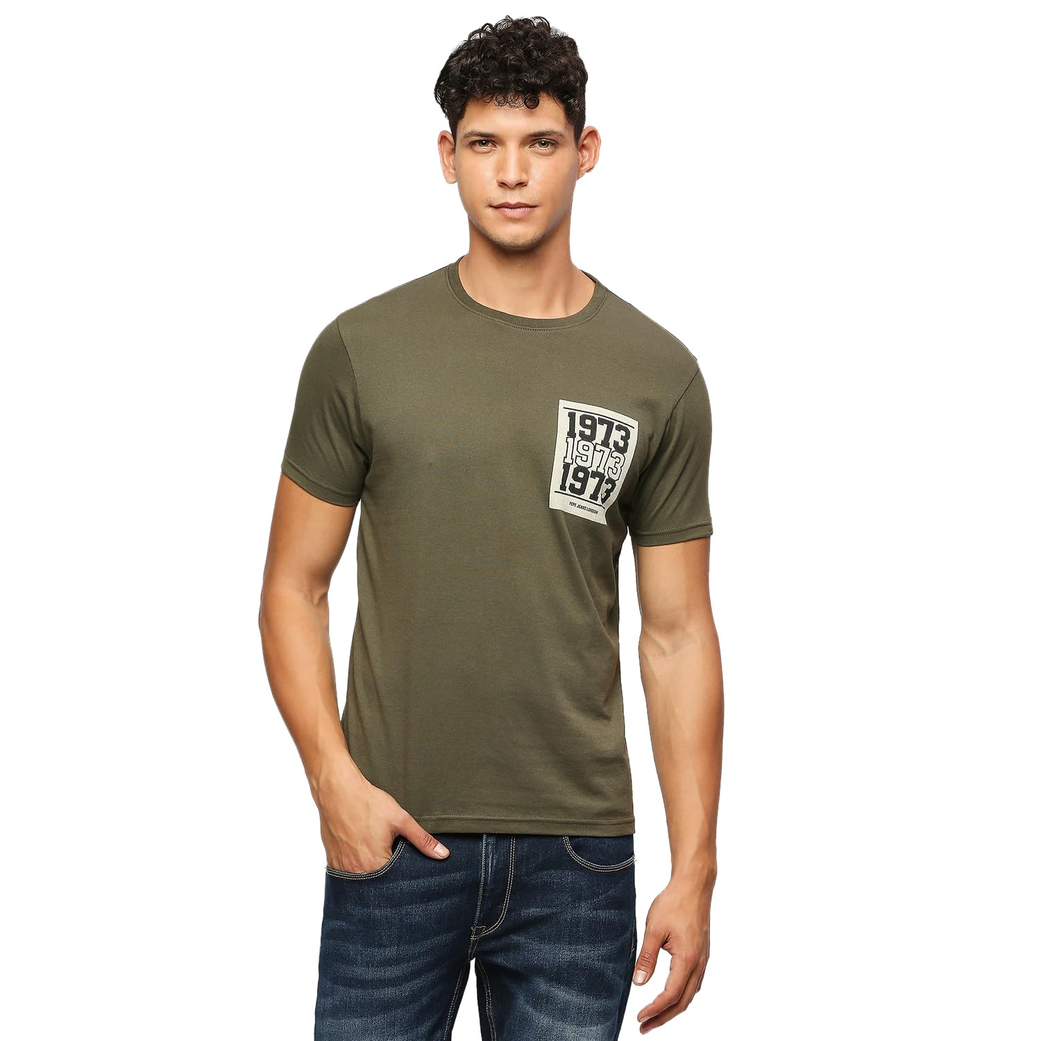 Pepe Jeans Men Cotton Blend Slim Fit Printed T-Shirts Olive Green, Medium