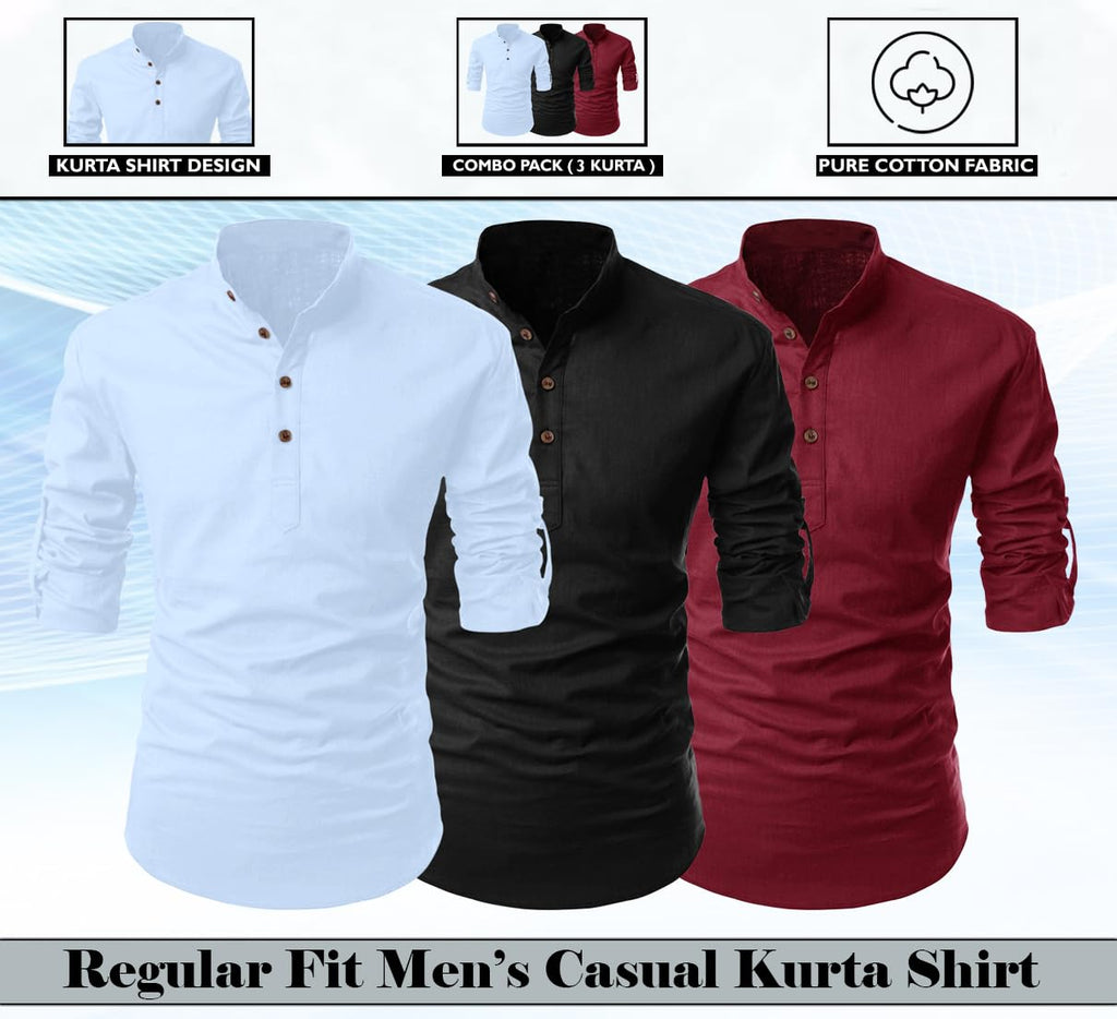 Finivo Fashion Combo Of MenS Cotton Blend Solid Full Sleeve Short Kurta