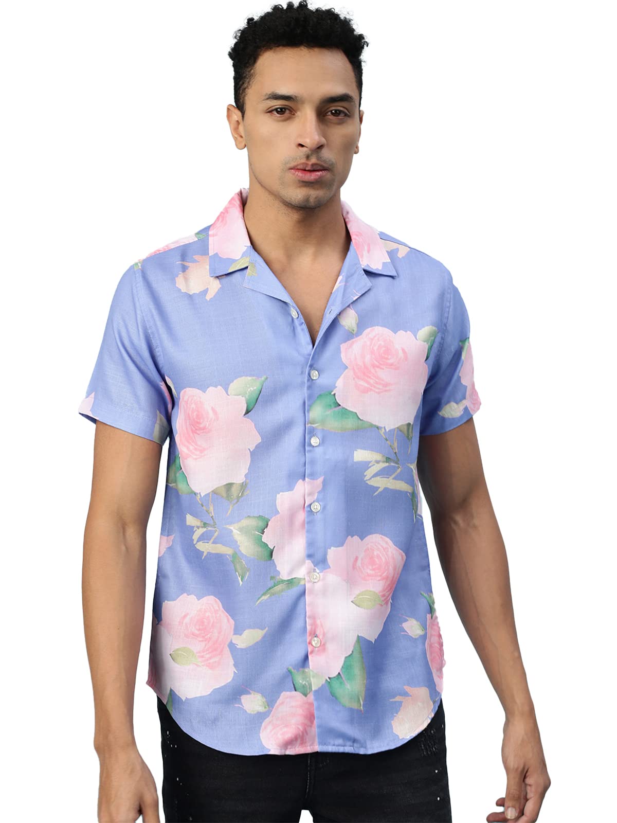 Veirdo Men's Floral Printed Polyester Short Sleeve Spread Collar Shirt