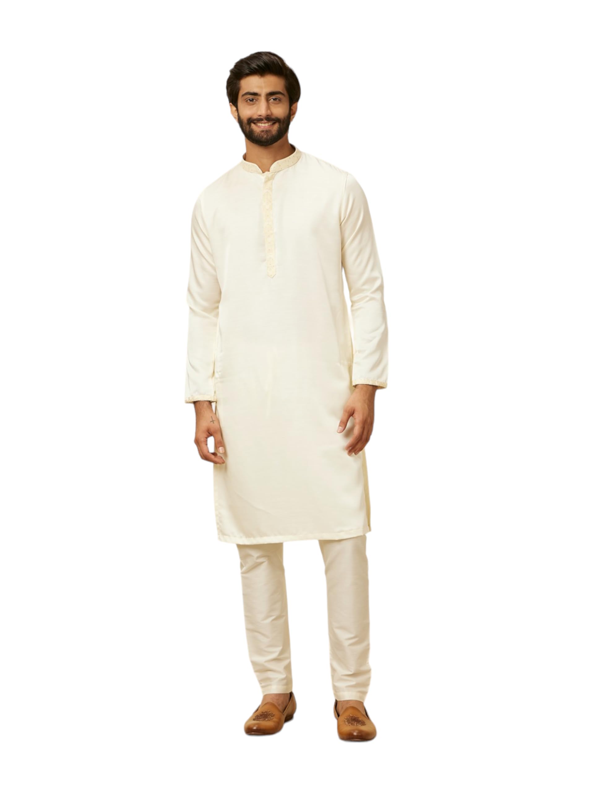 Manyavar Warm White Satin Stone Work Kurta Pyjama Set