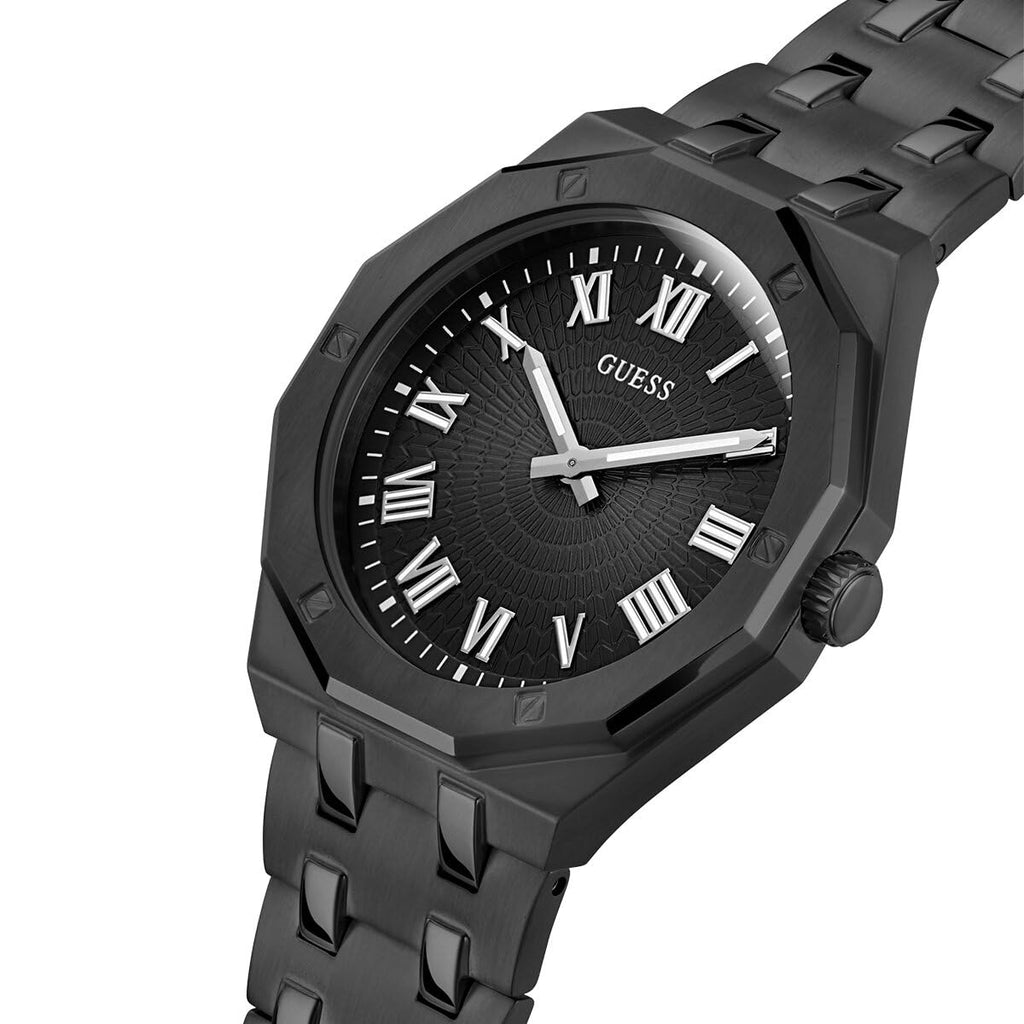 GUESS Mens 42mm Watch - Black Strap Black Dial Black Case