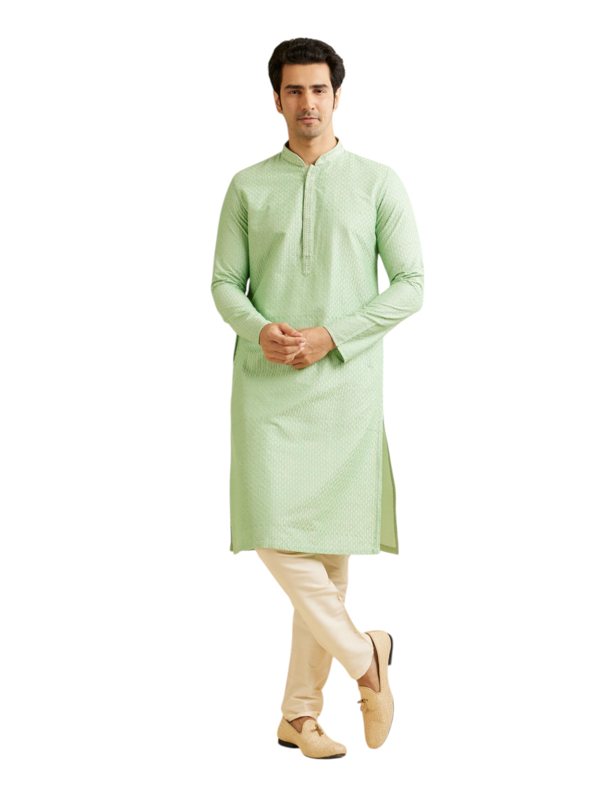 Manyavar Mens Viscose Blend Intricate Embroidery Kurta Set (Light Mid Green,M)