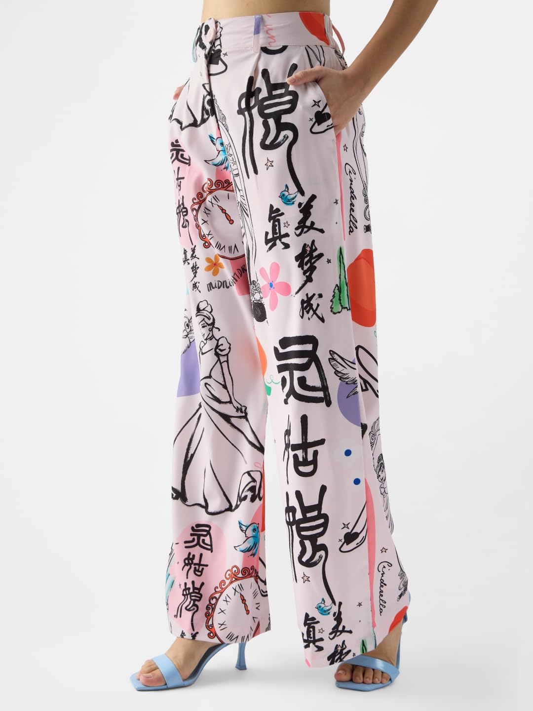 The Souled Store Textured Pant: Cinderella Women and Girls Buttoned White All Over Printed Viscose Blend Straight Fit Pants