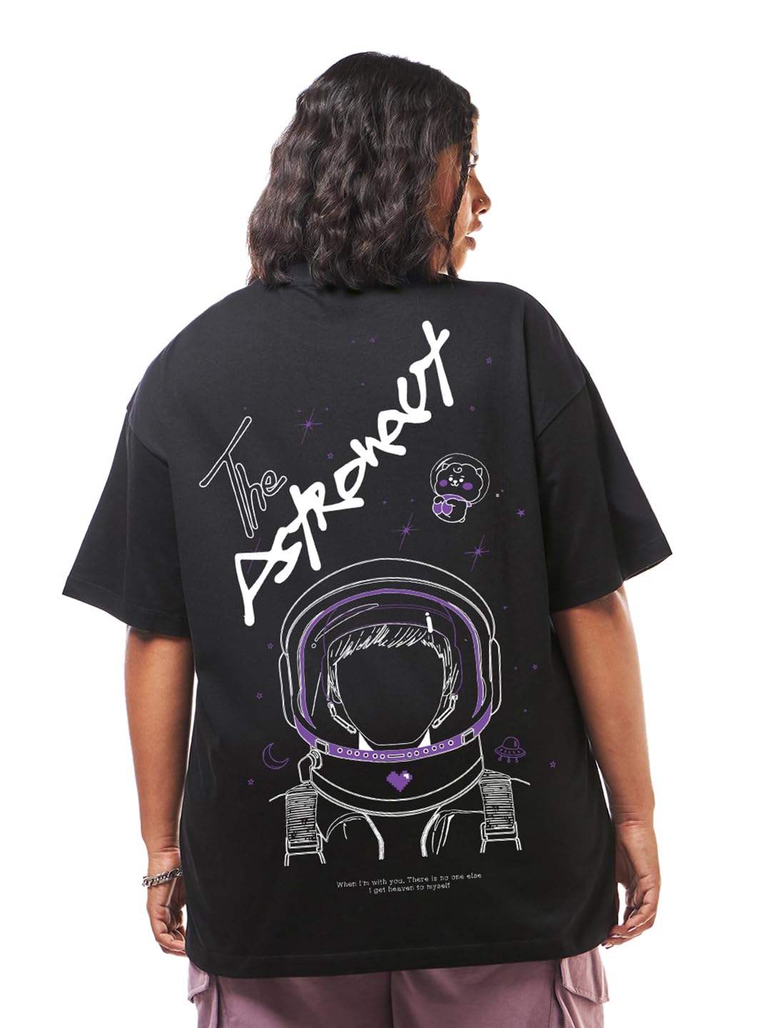 Bewakoof BTS Womens Graphic Print Oversized Fit Half Sleeve Round Neck Cotton Plus Size T-Shirt_634138_Black_4XL