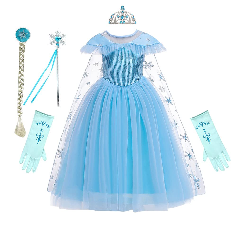 REXREII Girls Frozen Elsa Princess Dress Halloween Costume Christmas Birthday Evening Party Ball Gown w/Accessories 8-9T