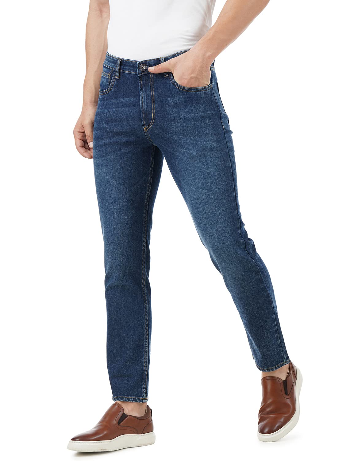 Inkd MenS Regular Fit Jeans - Mid-Rise | Cotton Blend | Contrast Stitch| Stretchable Fabric | Classic 5 Pocket Styling (Indigo