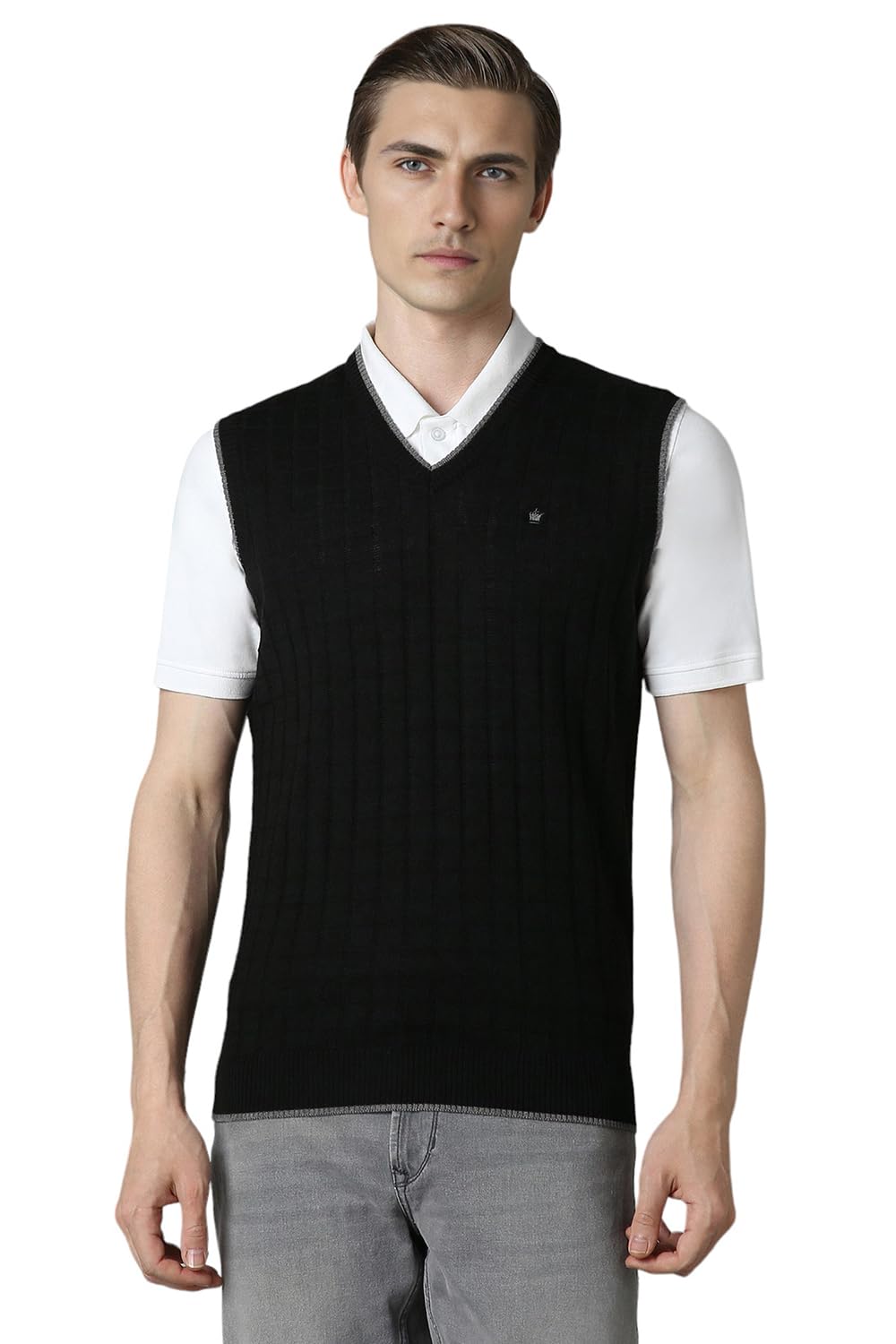 Louis Philippe Men Black Check V Neck Sleeveless Sweater