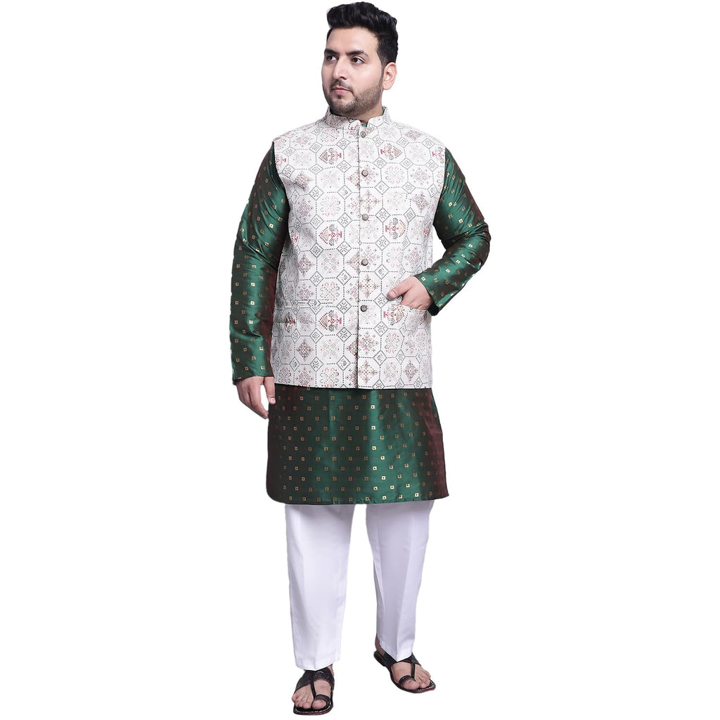 SOJANYA (Since 1958 Mens SilkBlend DGreen Kurta & White Pyjama With Cream Printed Nehrujacket