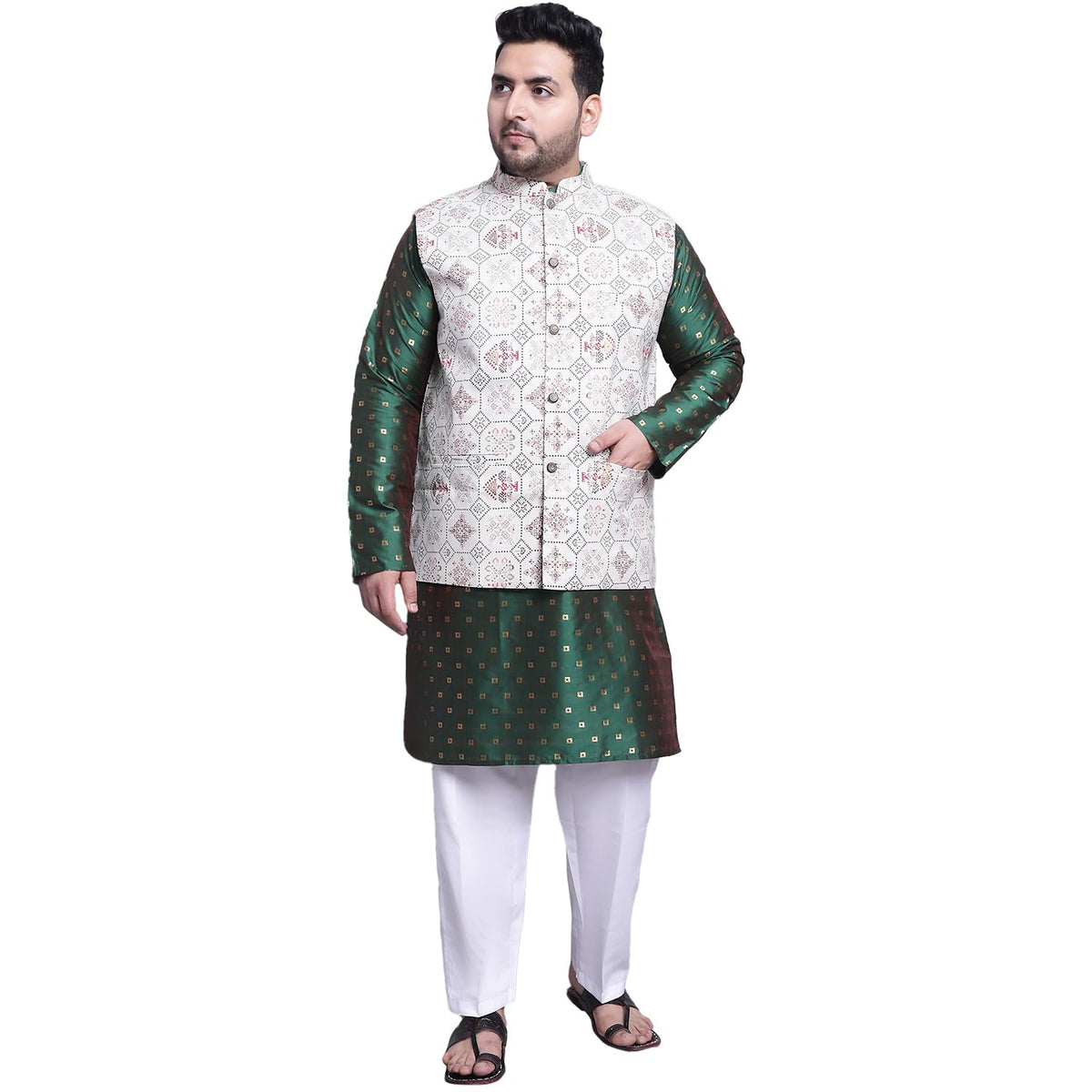 SOJANYA (Since 1958 Mens SilkBlend DGreen Kurta & White Pyjama With Cream Printed Nehrujacket