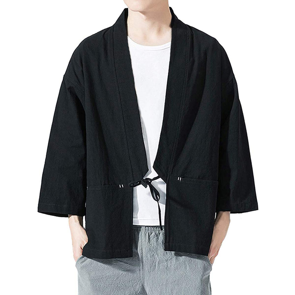 Haseil Men's Kimono Cardigan Japanese Jackets Casual Cotton 3/4 Sleeve Shirt Open Front Coat Lightweight Linen Yukata, Black, Ta