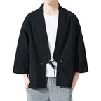 Haseil Men's Kimono Cardigan Japanese Jackets Casual Cotton 3/4 Sleeve Shirt Open Front Coat Lightweight Linen Yukata, Black, Ta