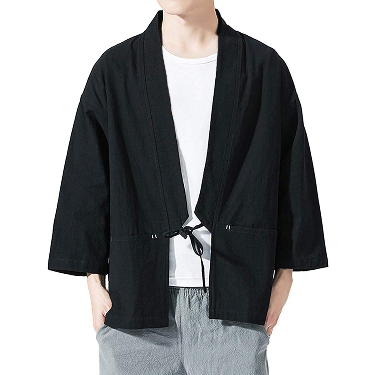 Haseil Men's Kimono Cardigan Japanese Jackets Casual Cotton 3/4 Sleeve Shirt Open Front Coat Lightweight Linen Yukata, Black, Ta