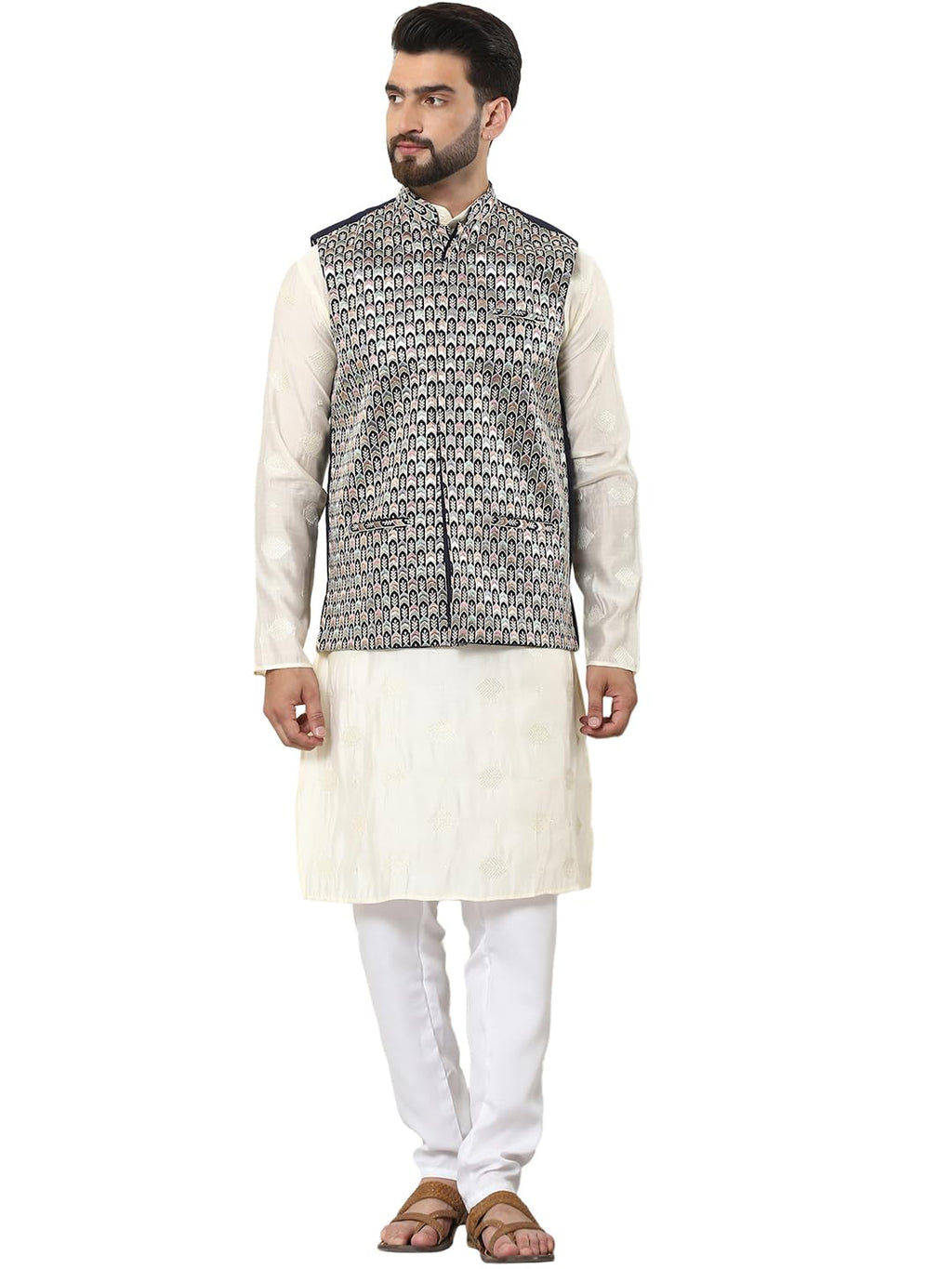 SOJANYA (Since 1958 Mens Cotton Silk Embroidered Cream Kurta and White Pyjama With Designer Navy Nehru Jacket