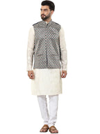 SOJANYA (Since 1958 Mens Cotton Silk Embroidered Cream Kurta and White Pyjama With Designer Navy Nehru Jacket