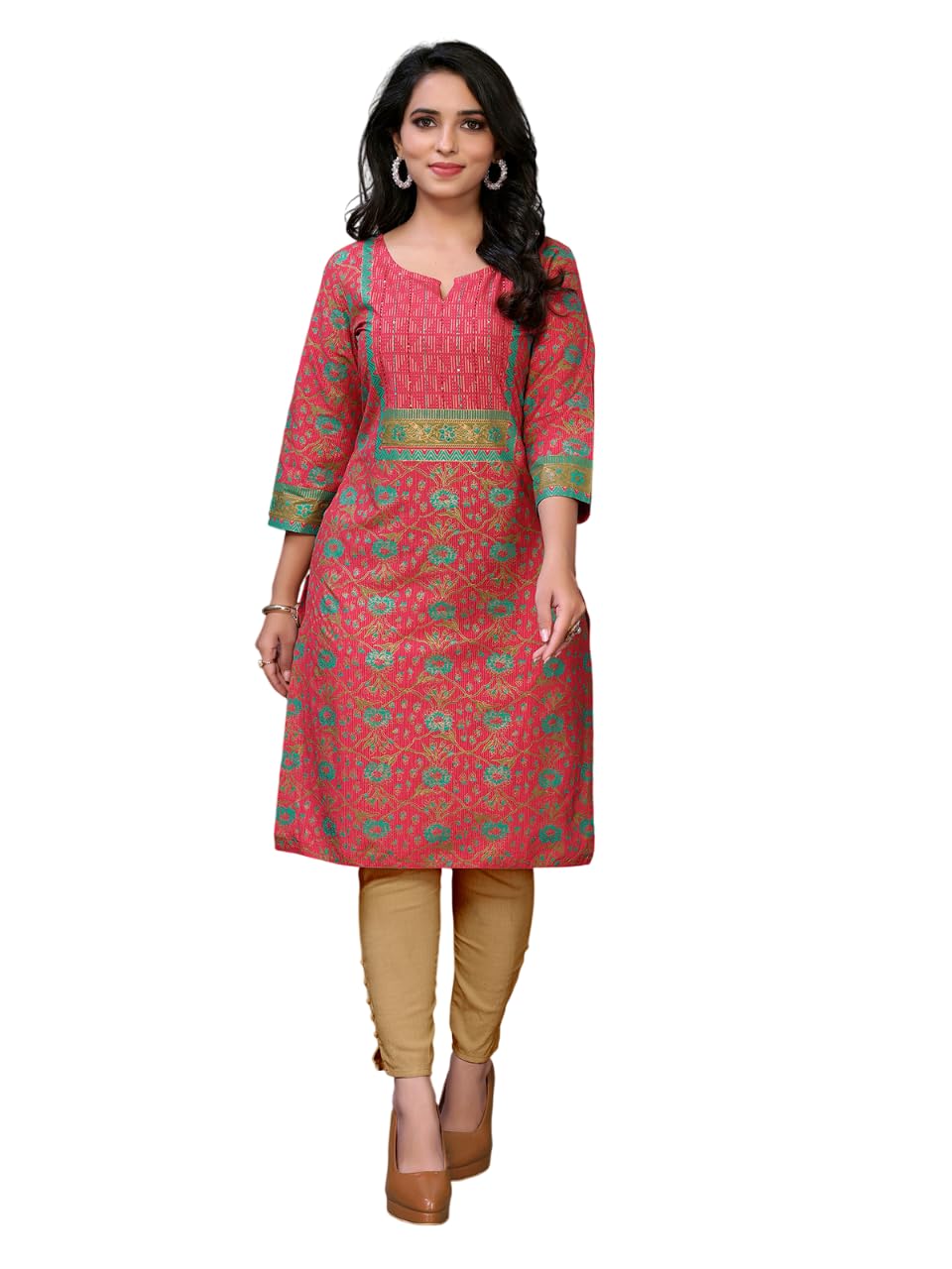 rangita Red Cotton Knee Length Embroidered Straight Kurti | Kurta for Women_M