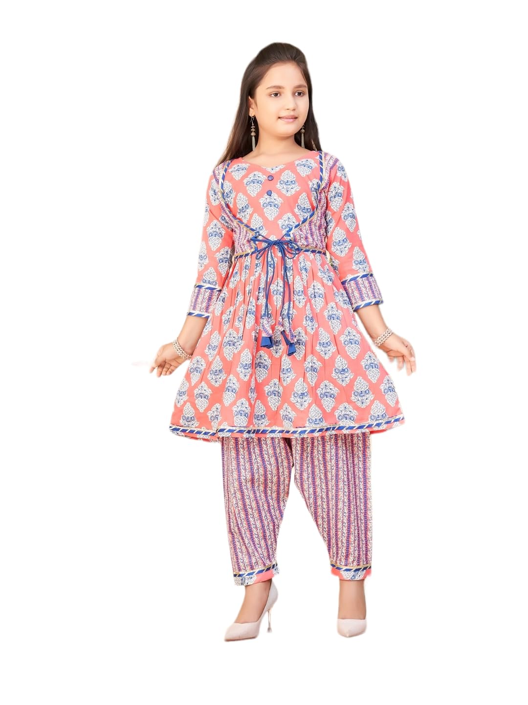 Aarika Girls Ethnic Wear Peach Colour Floral Print With Gota Lace Cotton Kurti Patiala Set (5-16 Years)