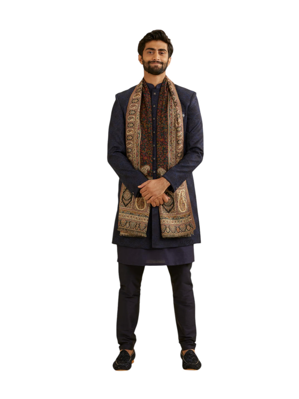 Manyavar MenS Floral Jaal Patterned Shawl With Paisley (Black)