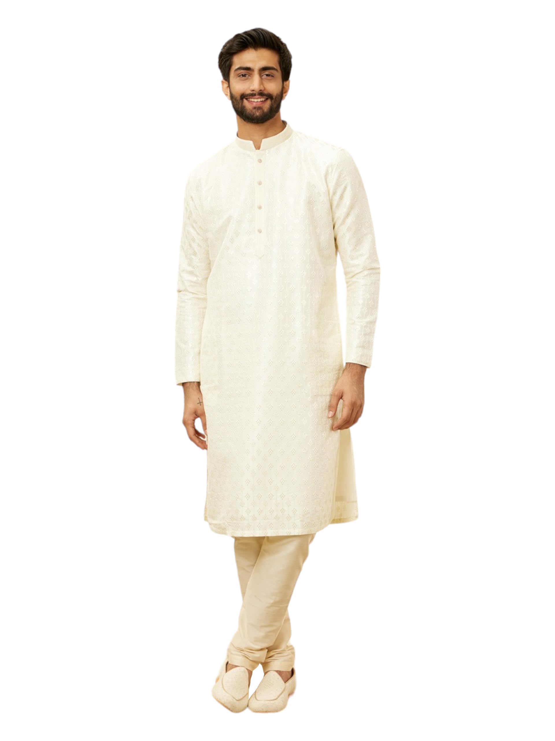 Manyavar Mens Cream Art Silk Embroidered Kurta Churidar Set