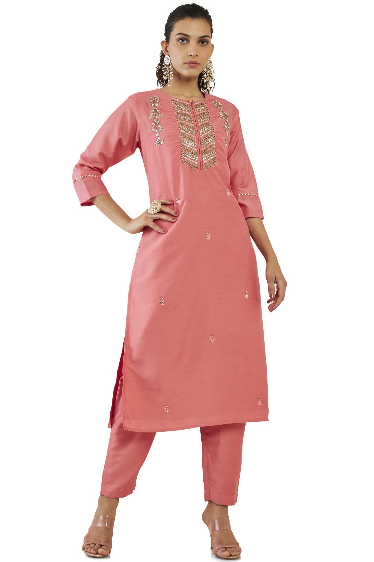 Soch Women Pink Silk Blend Embellished Kurta Set(8907715797213_Pink_Xl)