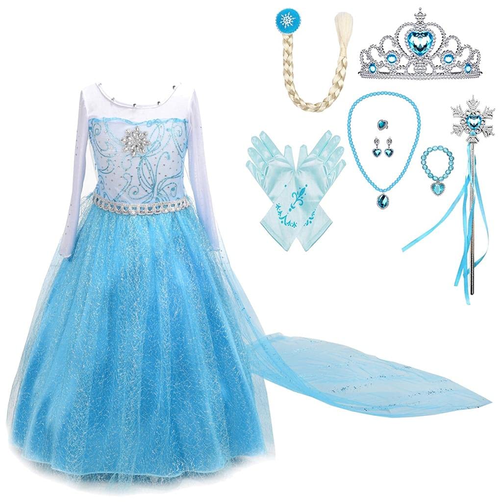 Dressy Daisy Little Girls' Ice Princess Costume Dresses Birthday Halloween Christmas Fancy Party Outfit with Long Fixed Train an