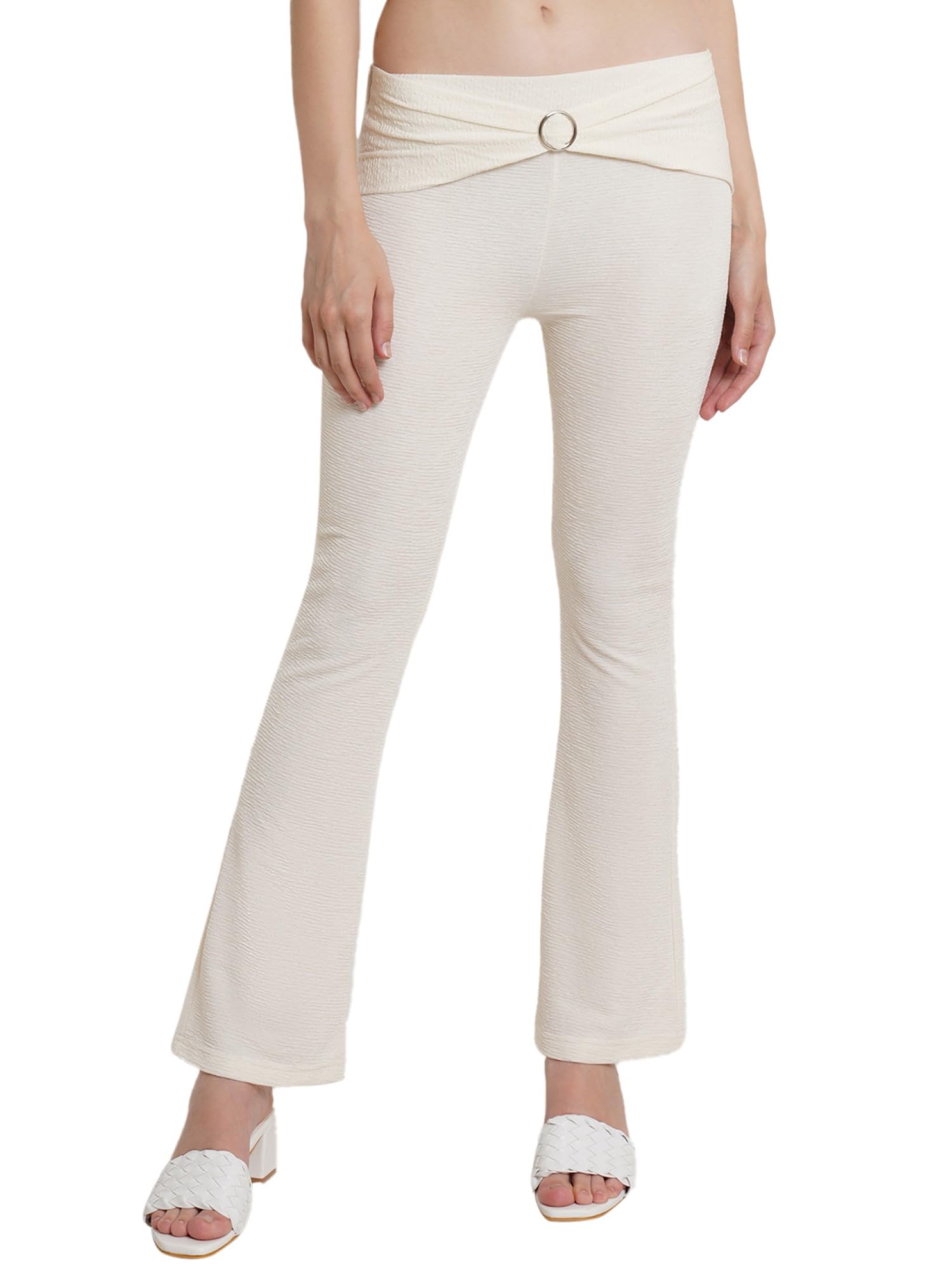 POPWINGS Casual Self Design Crush Bootcut Front Ring Trouser for Women || Pull On Regular Fit Bootcut Women Trouser for Summer |