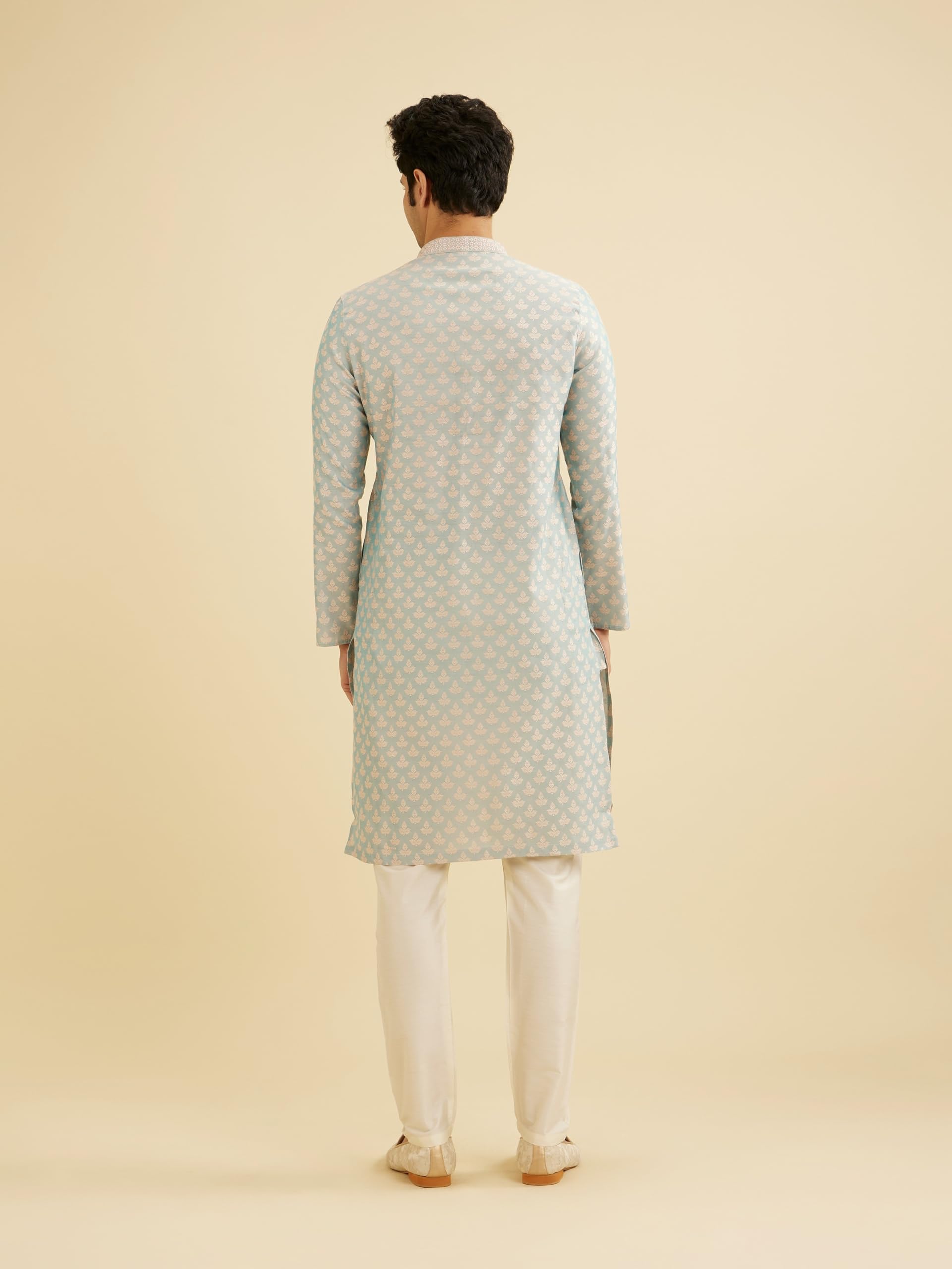 Manyavar Mens Viscose Blend Digital Leaf Print Kurta Set
