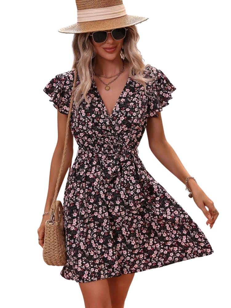 Om Sai Latest Creation Western Dress || Rayon Ditsy Floral Printed Dress For Women || Flounce Cap Sleeve & V-Neck Shirred Ruffle