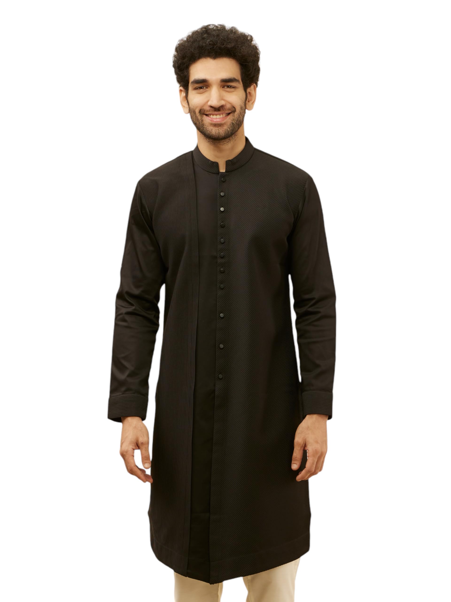 Manyavar Mens Kohl Black Textured Kurta (L)
