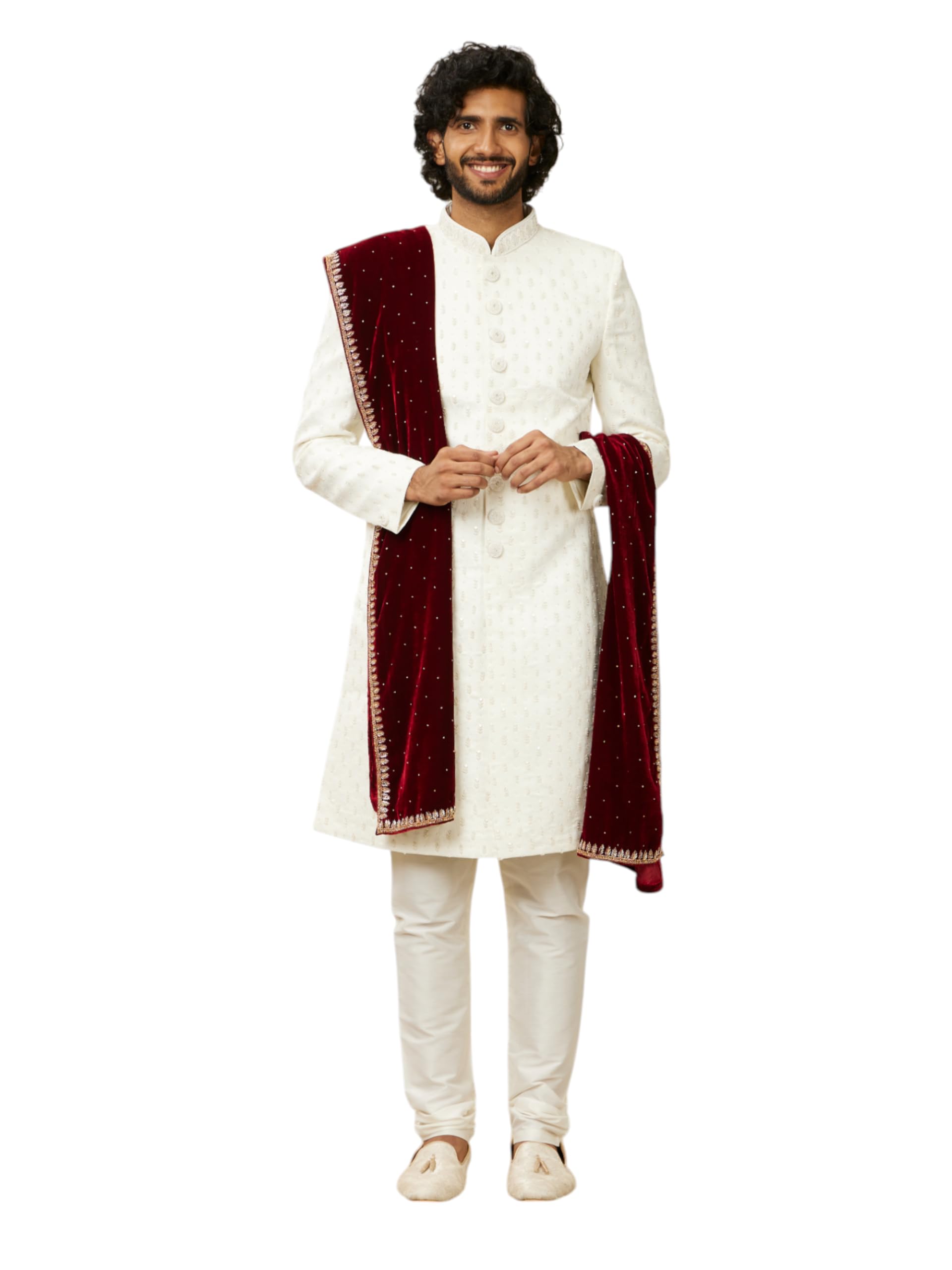 Manyavar MenS Velvet Hand Embroidery & Cutdana Work Dupatta (Maroon,2.75 M)