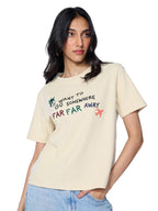 The Souled Store Textured T-Shirt: Far Away Women and Girls Short Sleeves Round Neck Off White Embroidered Cotton Blend Relaxed 